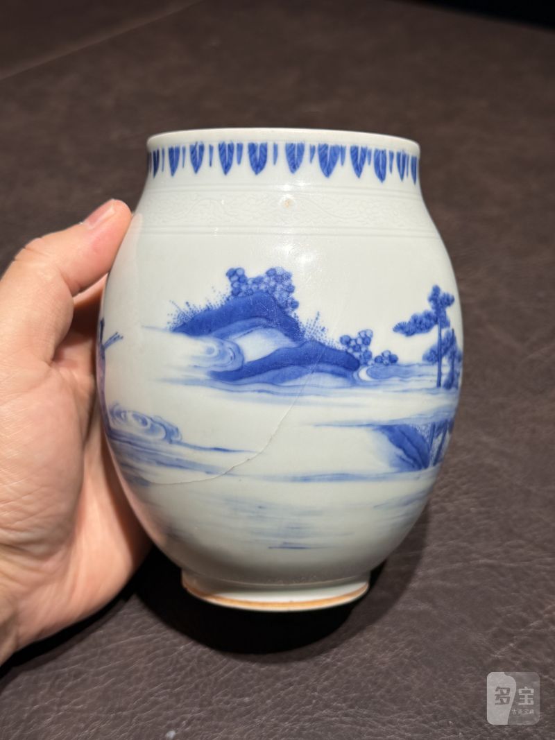 明崇祯 青花“海屋添筹”图莲子罐 - 图8